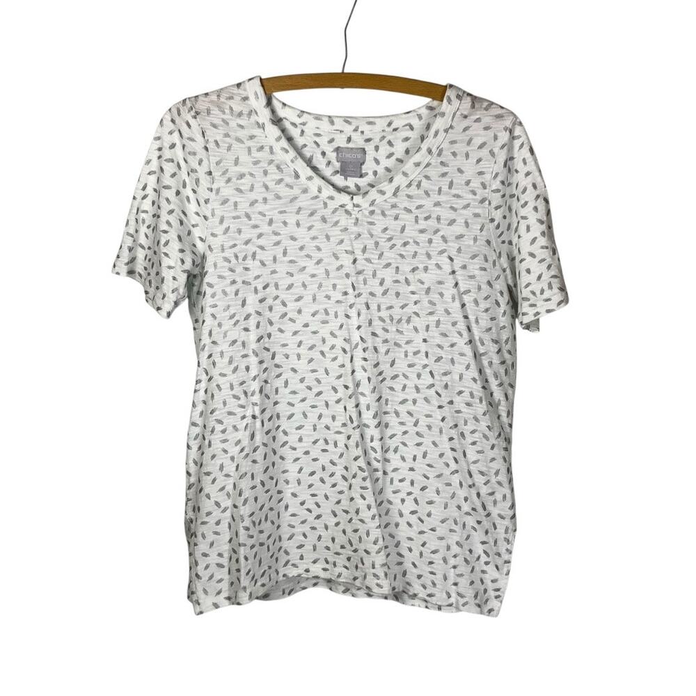 Chico’s White Silver Print Short Sleeve Tee Size 0 Small Casual Top Minimalist